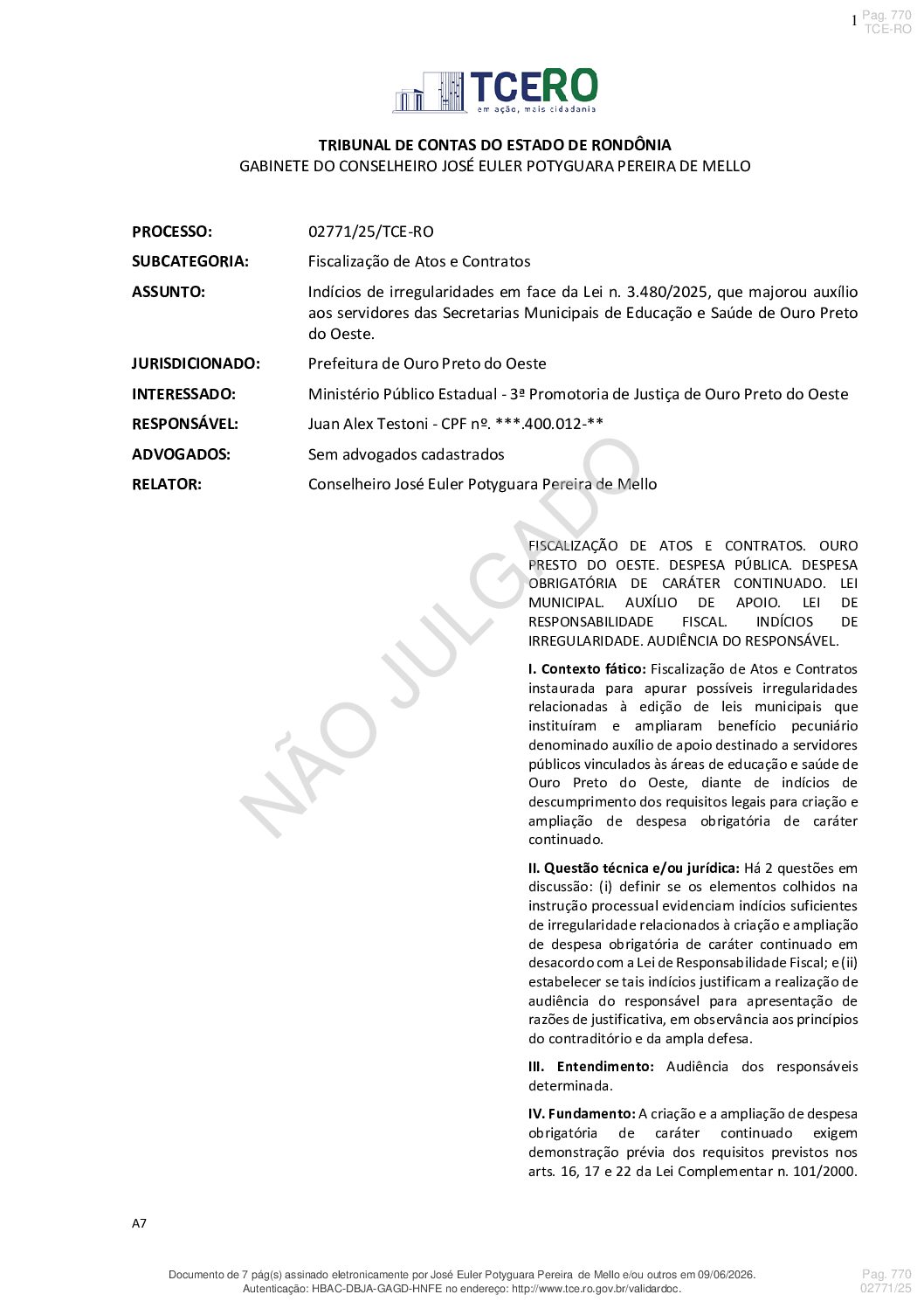 02771/25/TCE-RO – Fiscalização de Atos e Contratos